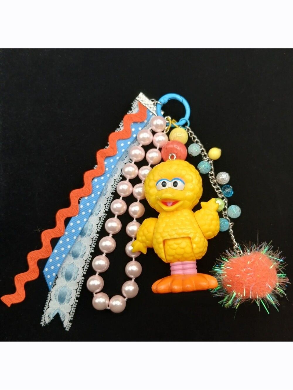 Handmade Custom Sesame Street Big Bird Beaded Pom Pom Ribbon Keychain Bag Charm